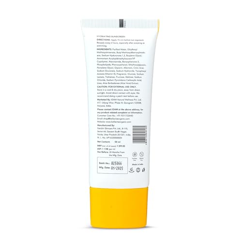 Image of BELLAVITA Water based Hydrating Sunscreen, SPF 50, Lightweight PA+++, For All Skin Types, No White Cast, Non - Greasy Finish, UV Protection, Broad Spectrum, For Men & Women, 50ML x 2