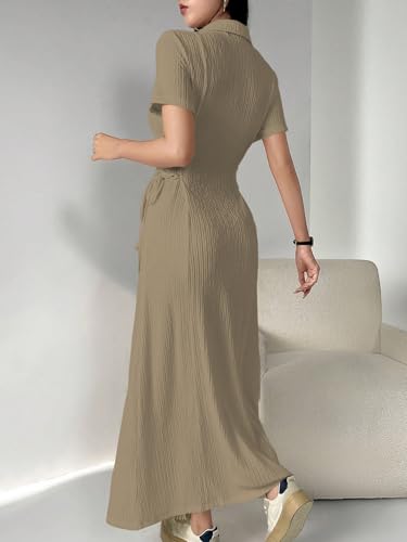 Image of Shasmi Women's Solid Color Applique Lace-Up Collared Short Sleeve, Side-Tie Waist Long Casual Maxi Women Dress Outfit Long Evening Midi Western Party Dress for Women (Dress 211)