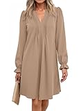 Dokotoo Midi Dresses for Women Sexy V Neck Elegant Plus Size Shirt Dresses Long Puff Sleeve Fall Dress Classy Beige Midi Dress for Beach Party Work Outfit Medium