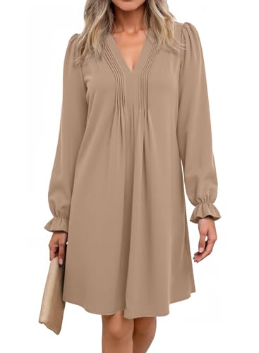 Image of Dokotoo Womens Casual Dress A-Line Ruffle Sleeve V Neck Midi Dress 2025 Fashion Pleated Flowy Sundress Loose Shirt Dresses