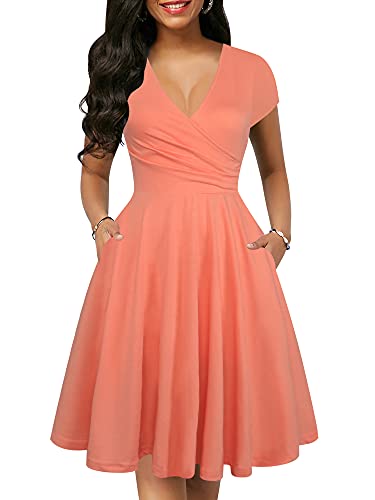 oxiuly Women's Vintage Dot V-Neck Cap Sleeve Casual Pockets Swing Tea Dress OX296