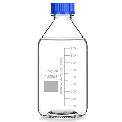 stonylab Bouteille de Stockage Gradués avec Bouchon à Vis GL45, 1000 ml en Verre Borosilicaté Transparent Rond pour Réactifs de Laboratoire avec Bouchon à vis Bleu, 1 Pack Cover