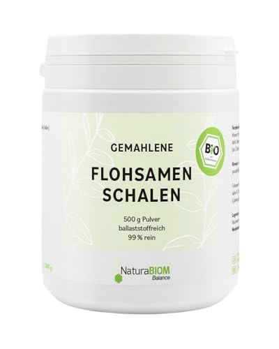 NaturaBIOM Cáscaras de semillas de psyllium orgánicas en polvo, 500 g, molidas – 99% de pureza, 90% de fibra, vegano, sin gluten, sin aditivos, probado en laboratorio, ideal para nutrición consciente