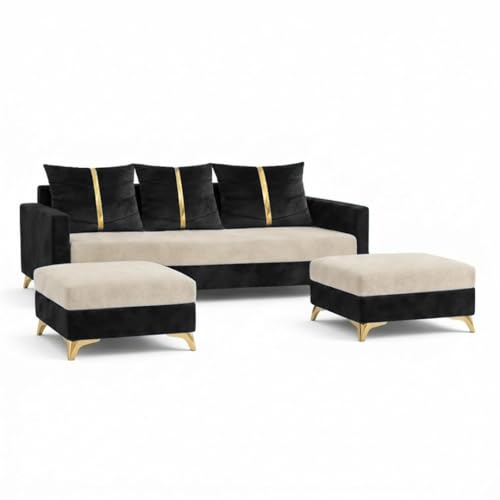Image of Caviar 5 Seater L Shape Sofa Set with 2 Movable Ottomans | Flexible Layout | Luxury Velvet Suede Fabric | Modern Living Room Sofa | Black - Cream