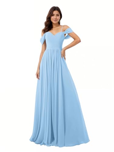 Women A-Line Ruched Off-Shoulder Floor Length Chiffon Party Prom Formal Gown Bridesmaid Dresses