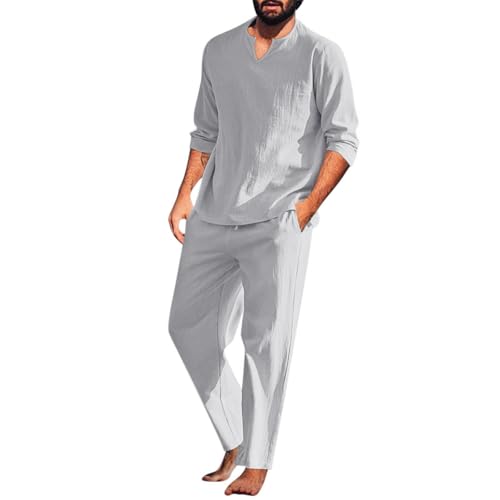 Survêtement en lin homme d'été anti-transpiration, ensemble ample manches longues et pantalon