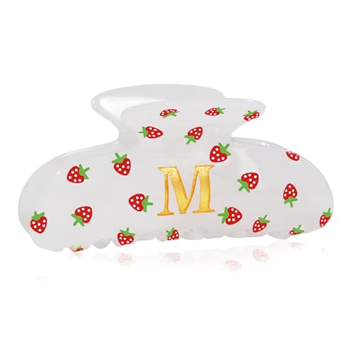 Image of Initial Strawberry Hair Clips for Women - Teen Girl Gifts Trendy Stuff, Y2K Accessories Strawberry Print Hair Accessories, Wedding Bridesmaid Birthday Valentines Day Gifts for Girls, Letter M