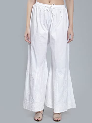 Image of Seva Chikan Hand Embroidered Lucknowi Chikankari Regular Straight White Trouser Palazzo for Women SCL11025
