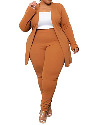 Solid Color Tracksuit Women Long Sleeve Blazer Jacket Coat And Pants 2 Piece Set Suit Slim Fit Bussiness Coat And Pants Set Orange 3X #TOP20