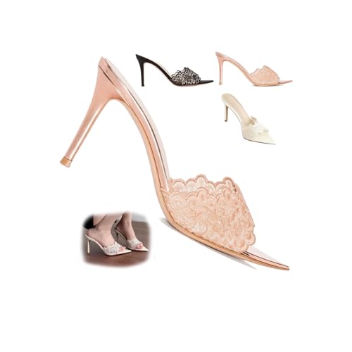 Women's Lace Pointed Open Toe Stiletto Mules, 3-inch High Heel Slip-On Sandals, Sexy Mesh Backless Mule Shoes for Party, Wedding, and Prom Dress