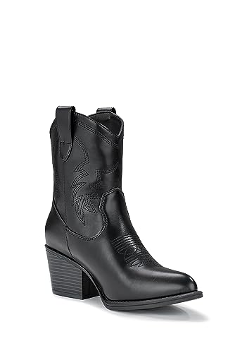 Image of IXU Cowboy Boots for Women Ankle Cowgirl Booties Wide Mid Calf Pointed Toe Western Boots Short Chunky Classic Booties