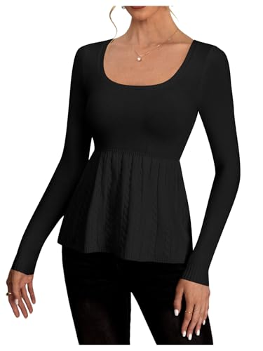 Women's Scoop Neck Peplum Sweater Long Sleeve Cable Knit Dressy Casual Pullover Tops