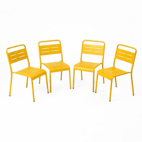 CONCEPT USINE | Lot de 4 Chaises de Jardin Empilables BERGAME Jaune | Acier + Époxy | Résistance Soleil & Intempéries | Siège Extérieur Design & Confort | Mobilier Jardin Premium Durable