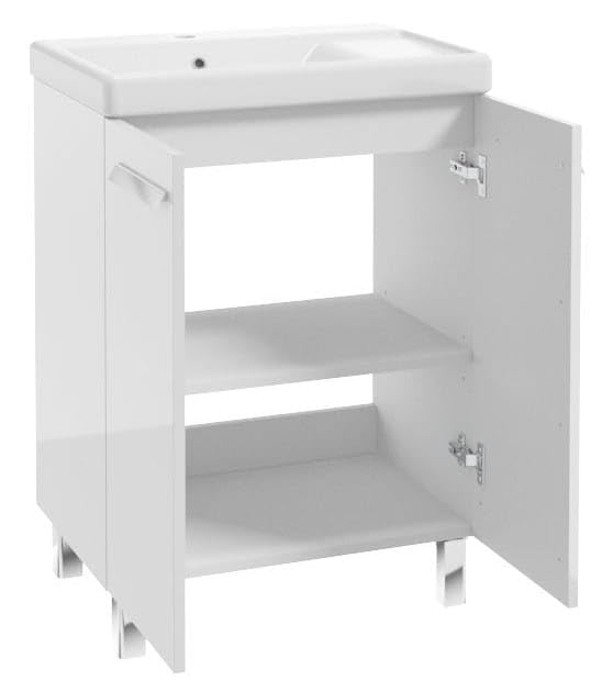 .Deftrans Szafka pod umywalkę z ceramiczną umywalką i chromowaną armaturą – 80 x 60 cm, biała, wysoki połysk, z ociekaczem, system Soft-Close, odpływ Click-Clack i syfon