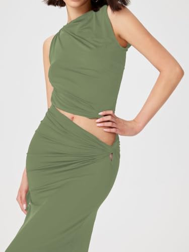 Women's Casual Ribbed Knit Two-Piece Set Crew Neck Short Sleeve Top Draped Ruched Midi Skirt Green XL2