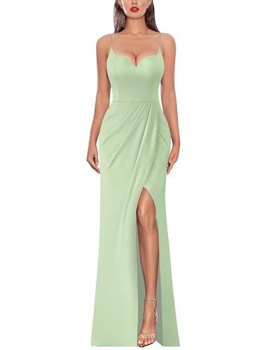 Image of VFSHOW Womens Sexy Formal Ruched Fitted High Slit Bodycon Maxi Dress Spaghetti Strap Sweetheart Cocktail Prom Evening Gown