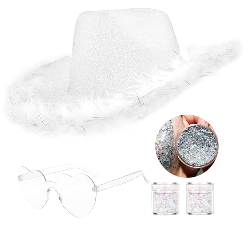 Image of SHENYI Glitter Cowgirl Hat with Heart Sunglasses Body Glitter Face Glitter Cowboy Hat for Women Men Music Festival Party