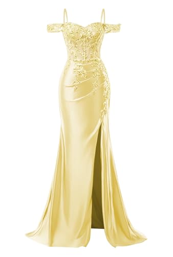 Image of Mermaid Satin Prom Dresses 2026 Lace Applique Off Shoulder Formal Evening Gown with Slit