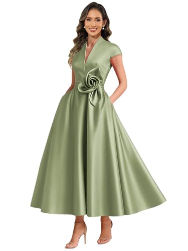 HVFYR Mother of The Bride Dress Plus Size Long Sage Green Satin V Neck Wedding Guest Dresses with Cap Sleeves Size 16W