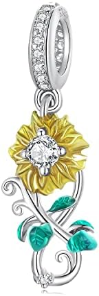 You are My Sunshine Charms, Sunflower Charms, Sterling Silver Flower Dangle Pendant Charms fits Pandora Charms Bracelet Necklace for Women