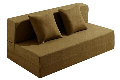 Image of Los Angeles Foldable Two Seater Sofa Cum Bed, Sofa Bed 4 X 6 Feet, Jute Fabric- Washable Cover- Including Two Cushion Perfect for Home & Office, Guest Room -Golden Color