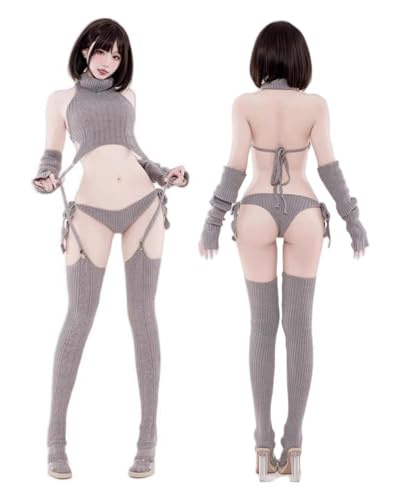 [ssetoy] 童貞を殺すセーター ロリータ ニットワンピース コスプレ セクシー 背中開き バックレス ニット ハイネック バックリボン タートルネック ノースリーブ ランジェリー コスチューム Ｔバック アームカバー ハイソックス フリーサイズ - 画像4
