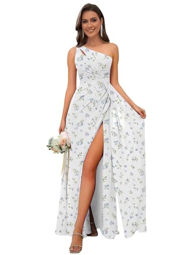 Image of OFEECHUN Women's Chiffon One Shoulder Bridesmaid Dresses Long Pleated Formal Evening Gowns with Slit