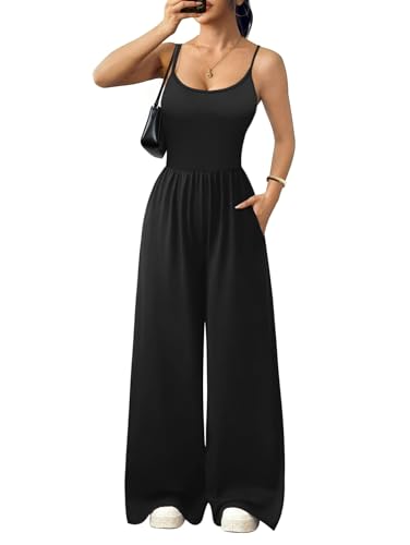 Ekouaer Jumpsuits for Women Sleeveless Spaghetti Strap Womens Jumpsuit One Piece Wide Leg Summer Romper With Pockets Beach Vacation Outfits 2026 Black M