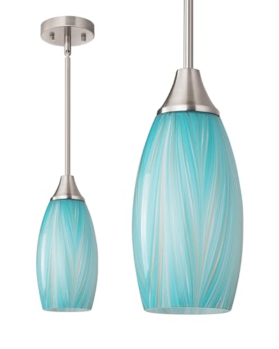 Image of EDISHINE Pendant Lights Kitchen Island, Blue Handcrafted Art Glass, Blown Glass Pendant with 5.12 inch Dia x 11.40 inch H Shade, Teal with Gold, Adjustable Brushed Nickel Rods, Hardwired Over Island Bar, E26