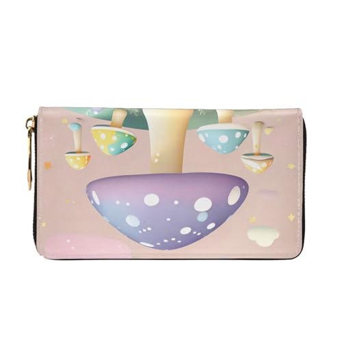 Leather Women Wallets, Long Credit Card Holder, Cartoon mushroom Print Billfold Clutch & Travel Purse Large Capacity2