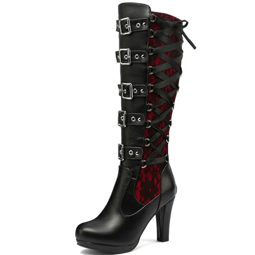 Lace Punk Knee High Boots for Women Back Zipper High-Heeled Combat Boots Buckle Block Heel Lace-up Black Goth Boots