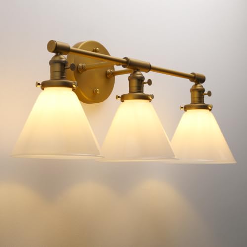 Image of Vintage Industrial 3-Light Bathroom Vanity Light with Milk Glass lampshade - Antique Brass Wall Sconce for Over Mirror, E26 Socket, Dimmable Compatible, Hardwired Installation