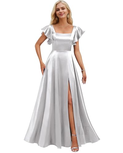 Image of IIF Short Sleeve Bridesmaid Dresses with Pockets Square Neck A-Line Satin Prom Gown Dress for Women with Slit IIF134