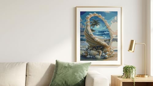 Image of Seashell and Summer Beach Stamped Cross Stitch Kits, Embroidery Starter Kit for Adult Beginners, 11CT Cross-Stitch Patterns Dimensions Kit Arts，Needlepoint Kit Crafts for Home Decor 15.7x11.8 inch