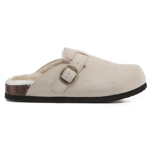 VIVASHOES Women's Suede Slip-On Buckle Clog – Classic Closed-Toe Mule with Adjustable Strap, Cork Footbed & Rubber Outsole – Effortless Comfort for Cozy Days, Lounging & Everyday Living - Beige 7