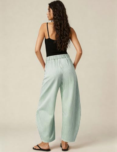 Image of TARSE Womens Striped Linen Barrel Pants with Pockets Y2k Patchwork