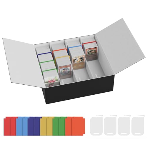 NEWLOOP Dual Flip Trading Card Storage Box 3500+ Card Deck Case for Magic the Gathering PKM Sports Cards, 4-row Leather MTG PTCG Commander Deck with 12 PVC Dividers 4 Supporters, Black/Gray