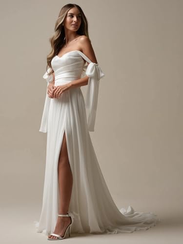 Ivory Satin A Line Wedding Dresses For Bride Long Bridal Dress With Bow Off The Shoulder Sleeveless V Neck Bridal Gowns With Slit Us12 #TOP15