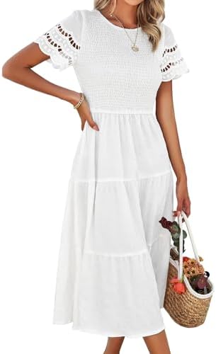 SYKT Women's Summer Casual Lace Short Sleeve Crew Neck Smocked El...