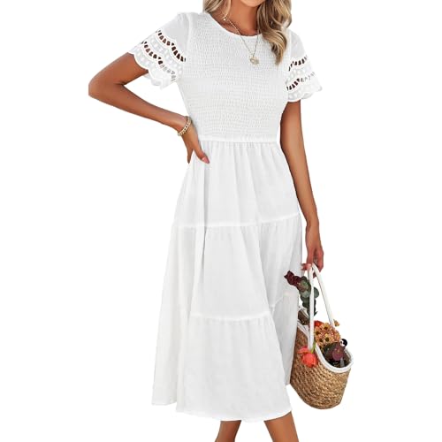 SYKT Women's Summer Casual Lace Short Sleeve Crew Neck Smocked El...