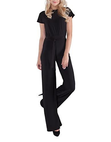 Amourelle Damen Jumpsuit Overall mit Schlaghosen und kurzen Ärmeln (S, Schwarz) Cover