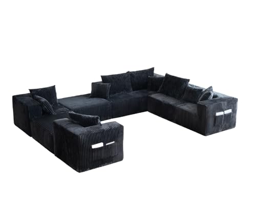 Image of 146 inch Oversized Boneless Couch, Modular Sectional Couches for Living Room, U-Shaped Deep Seat Chaise with Side Pockets, No Assembly Required, Plush Corduroy Fabric Sleeper Sofa, Dark Gray
