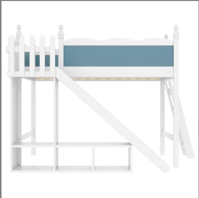 Image of Full Size Loft Bed with Storage Shelves, Cabinet & Detachable Slide and Ladders, Solid Wood Kids Loft Bed for Space-Saving, Playful & Organized Bedroom (Blue+Light White2, Full)