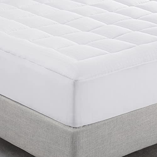 Serta Comfortsure Breathable Elastic Dobby Check Quilted Pillow Top Mattress Pad Cover With 18" Deep Pocket For All Season, White, Cal King #TOP4