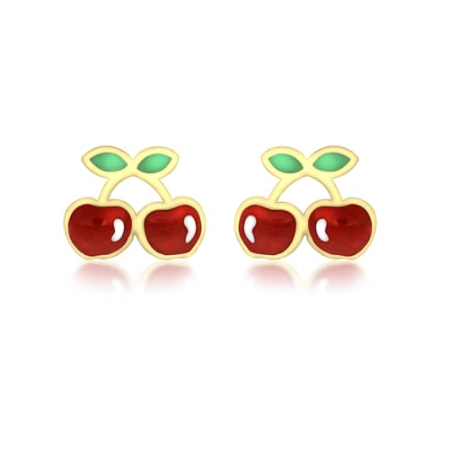 Boucles d'oreilles enfant or jaune 9 ct cerises émaillées puces discrètes