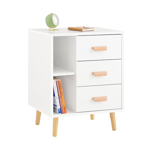 SoBuy Mesita de Noche con 3 cajones y 2 estantes, Mesa Auxiliar, Moderno Mesa de Noche Dormitorio, 48 x 40 x 60 cm, Blanco, FBT95-W