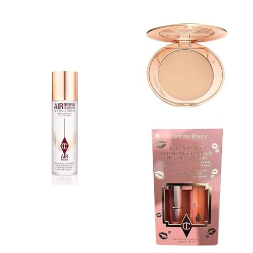 Charlotte Tilbury Makeup Set: Airbrush Flawless Setting Spray 100ml, Airbrush Flawless Finish Setting Powder Medium 2 & Icon Baby Pink Lipstick & Lip Lustre Duo