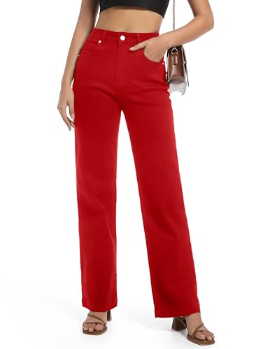 Guaile Womens Jeans High Waisted Straight Leg Stretchy Jeans Trendy Wide Leg Tummy Control Loose Casual Denim Pants Red Size 12