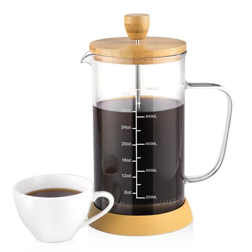 wedrink French Press 1 liter Kaffeemaschine, Double Filters Bamboo French Press, Rutschfeste Silikonsohle Verdickter hitzebeständiger Borosilikatglas-Presskaffeezubereiter mit 2 Gläsern Tasse