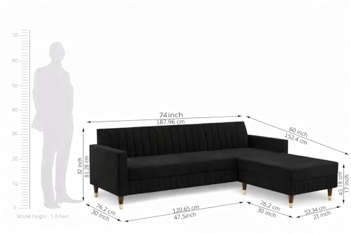 Image of Wooden L Shape Sofa 4 Seater with Ottoman | Velvet Fabric Upholstery | Modern Sectional Wooden Frame Couch for Living Room, Home & Office (Black)